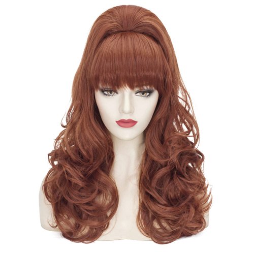 Brown Beehive Wigs for Women, Auburn Vintage Bouffant Wig, Long Copper Curly Victorian Fembot Wig...