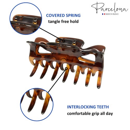 Parcelona French Classic Shaded Tortoise Shell Brown 3" Covered Spring Celluloid Made in France Jaw Claw Hair Clip Clutcher Clamp for Women and Girls
