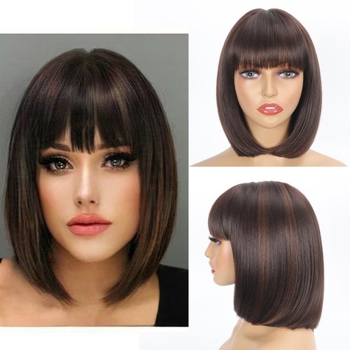 Yunkang Wig With Bangs 12 Inch Mix Dark Brown color Bob Wig for Women Natural Looking Short Bob Wig With Bangs Heat Resistant Synthetic Hair Wig for Daily Party Cosplay (12inch, M-4/30)