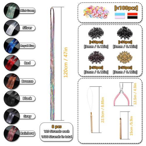 8 Colors Hair Tinsel Kit with Tools, VEINARDYL 47 Inch Hair Tinsel Extensions Fairy Hair Glitter Color Hair Tensile Sparkling Braiding Hair for Girls Women Halloween Cosplay Party - 1600 Strands