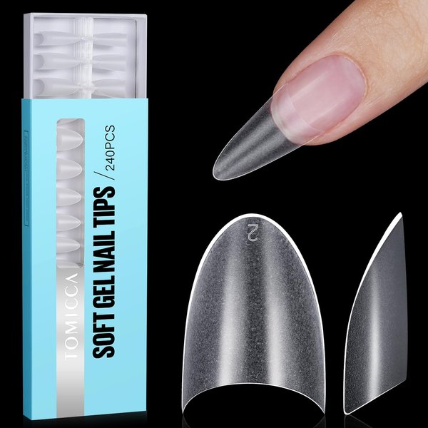 TOMICCA Short Almond Nail Tips, 240Pcs Full Matte Press on Half Cover Acrylic Nails, 12 Sizes No C Curve Fake Nail Tips for Nail Extension Art Home DIY Nail Salon