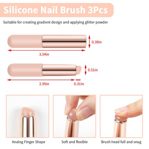 BQAN 3Pcs Silicone Nail Brush, Pink Nail Art Brushes for Ombre Nail, Chrome Nail, French Nail, Soft Silicone Nail Stamping Manicure Tool
