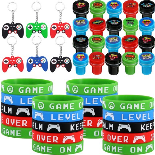 60 Pieces Video Game Party Favors Gifts Set Includes 20 Video Game Bracelets Wristbands, 24 Video Game Stampers, 16 Game Handle Keychains for Game Party Supplies (Classic Style)