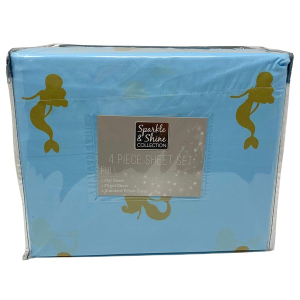 Sparkle & Shine Multicolor Girls Sheets with Gold Characters - Full or Twin Sheet Set Includes Flat, Fitted, Pillowcase(s) (Blue Mermaid, Full)