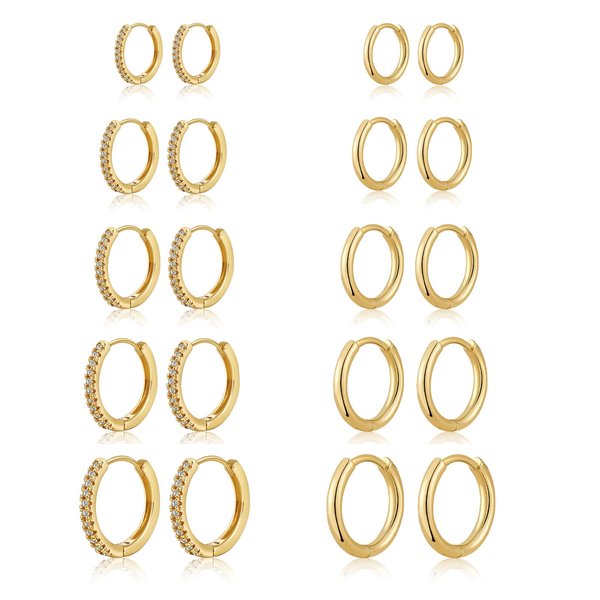 Gold Hoop Earrings Set for Women, 14k Gold Chunky Plated Hypoallergenic Lightweight Gold Hoops Huggie Earrings Tiny Cartilage Ear Jewelry for Women's Gifts (6mm/8mm/10mm/12mm, Gold)