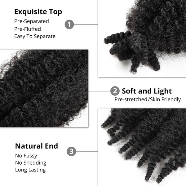 Orientfashion Afro Twist Hair 10-24 Inch 3 Packs, Springy Afro Twist Hair Pre Fluffed Spring Twist Hair Pre Stretched Wrapping Hair for Soft Locs Hair Extensions (1B, 10inch(pack of 3))