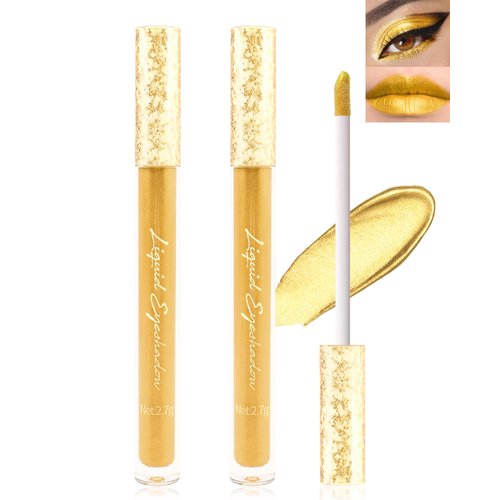 Gold Yellow Metallic Liquid Lip Gloss-2Pcs Matte Velvet Shimmer Gold Lipstick,High Pigment Not Fade Eyeshadow,Longlasting Non-Stick Cup Waterproof Tint Lip Stain Lip Glaze,Christmas Gift for Women Gir