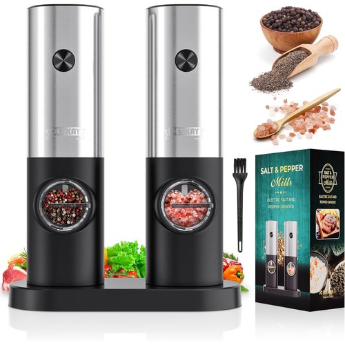 Electric Pepper and Salt Grinder Set, Adjustable Coarseness, Battery Powered with LED Light and Storage Base, One Hand Automatic Operation, Stainless Steel, 2 Pack