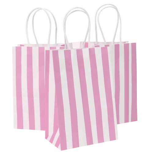 Ronvir 50Pcs Pink Gift Bags 5.25x3.25x8 Inch Small Gift Bags Striped Paper Bags With Handles Bulk For Business, Party, Candy, Birthday, Baby Shower, Wedding, Mother's Day, Easter, Valentine's Day
