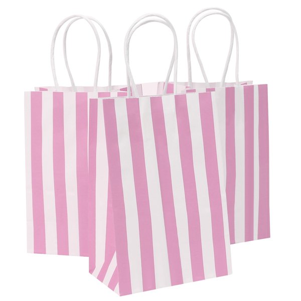 Ronvir 50Pcs Pink Gift Bags 5.25x3.25x8 Inch Small Gift Bags Striped Paper Bags With Handles Bulk For Business, Party, Candy, Birthday, Baby Shower, Wedding, Mother's Day, Easter, Valentine's Day