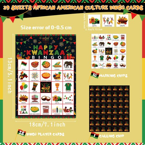 Containlol 39 Pcs Kwanzaa Game Bingo 24 Players African American Culture Bingo Cards African Heritage Bingo for Family School Activities Holiday Happy Kwanzaa Festival Party Favors Supplies
