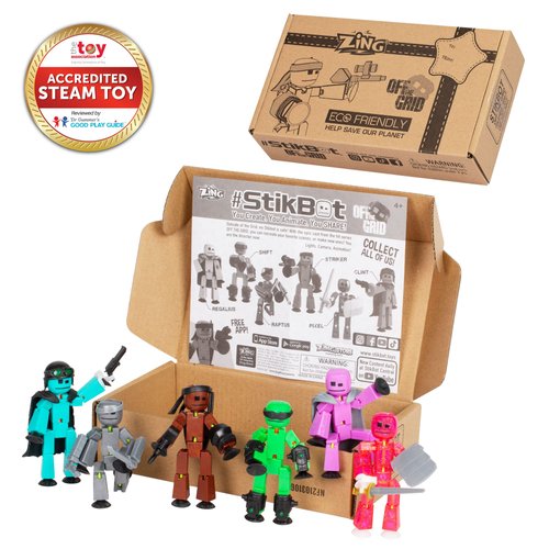 Zing Stikbot Off The Grid Pack - Set of 6 Poseable Action Figures with Weapons and Accessories, Includes Striker, Clint, Pixel, Raptus, Shift and Regalius, Stop Motion Animation, for Ages 4 and Up