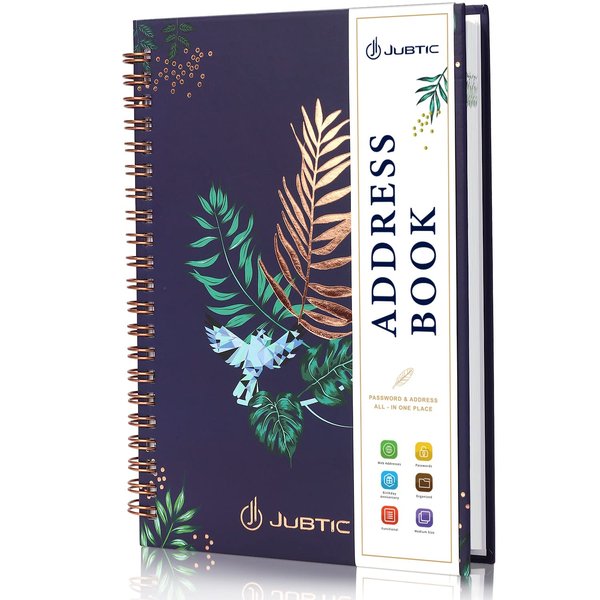 JUBTIC Hardcover Address Book with Alphabetical Tabs, Spiral Bound Address Book with Refillable Pages Medium Telephone book incl. Address, Password, Contact, Tel, Email, Important Date for Home Office