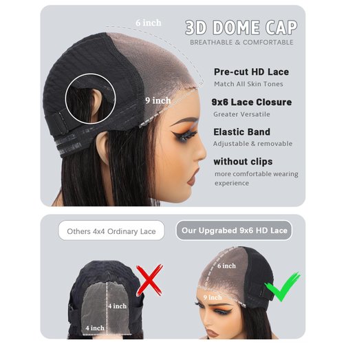 EINbeauty 9x6 HD Lace Glueless Wigs Human Hair Pre Plucked Pre Cut Bob Wig Human Hair Glueless Wigs Human Hair 200% Density Short Straight Bob Wigs for Black Women 10 inch