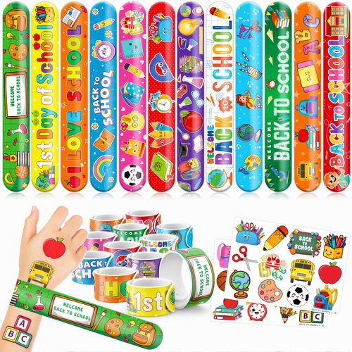 Cherisnowy 48 Back to school 24PCS Back to school Temporary Tattoos Sticker 24PCS Slap Bracelets Perfect for Themed Birthday Party Favors Baby Showers or Classroom Rewards Ideal Decor and Gifts