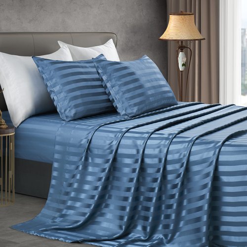 Manyshofu Slate Blue Satin Striped Sheets - 3Pcs Satin Sheets Twin Size, Cooling Silky Satin Bed Sheets Luxury Bedding Sheet Set(1 Satin Fitted Sheet, 1 Satin Flat Sheet, 1 Satin Pillow Cases)