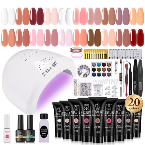ROSALIND Poly Nail Gel Kit -20 Colors + 72Nail Art Accessories Kit, Nude Clear Poly Nail Gel Nail Kit Starter Kit with Big U V Lamp Slip Solution for Pink Nail Extensions Gel Dual Forms Nail Brush