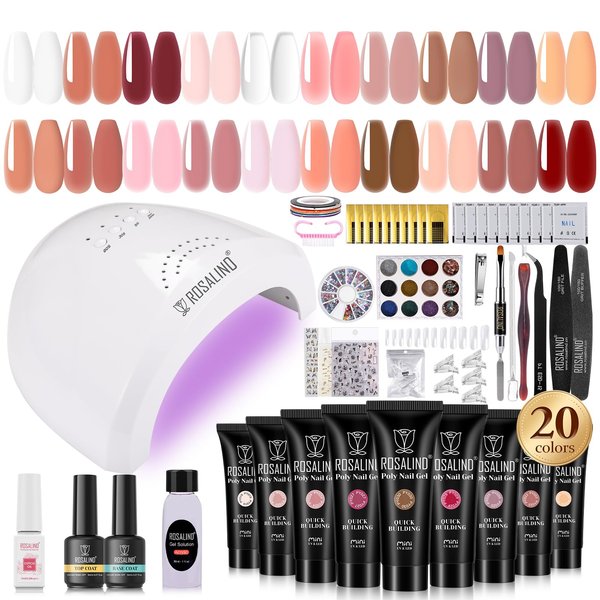 ROSALIND Poly Nail Gel Kit -20 Colors + 72Nail Art Accessories Kit, Nude Clear Poly Nail Gel Nail Kit Starter Kit with Big U V Lamp Slip Solution for Pink Nail Extensions Gel Dual Forms Nail Brush