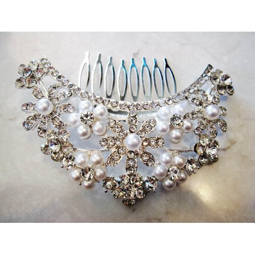 Generic Crystals, pearls and flowers silver hair comb barrette clip bridal clip, 1