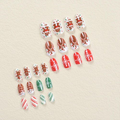 Christmas Press on Nails Short Almond Fake Nails with Gingerbread Man Designs Nails Press Ons Snowflake Glue on Nails Full Cover False Nails Christmas Acrylic Nails for Women 24Pcs