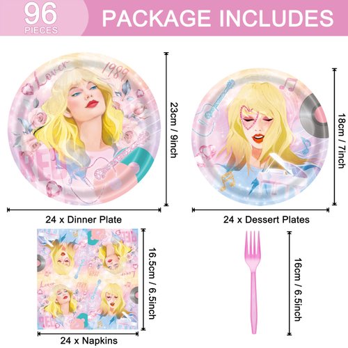 96 Pcs Birthday Party Plates Napkins Forks Supplies Paper Tableware Set Disposable Table Decorations for Girls Birthday Party, Serves 24 Guests