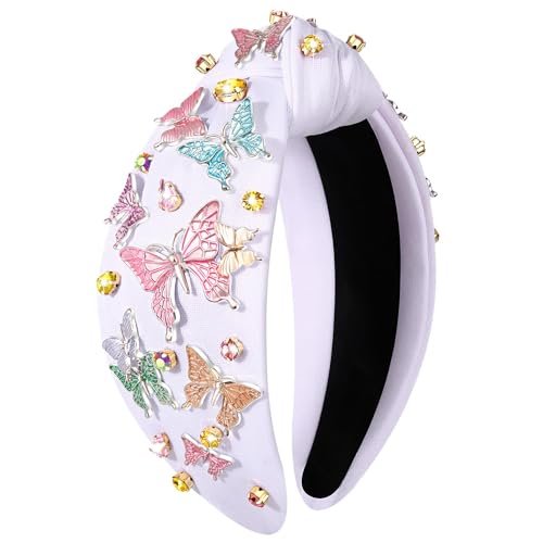 PHALIN Butterfly Headband for Women Colorful Butterfly Knot Headbands Embellished Rhinestone Crystal Wide Top Knot Headband Jeweled Ribbon Bow Hair Accessories Party Favors Gifts (White 2)