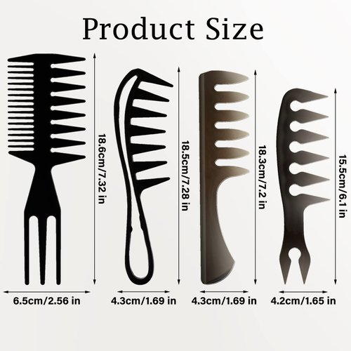 4 Pcs Hair Comb Wide Tooth Comb Styling Comb Double Side Tail Combs Afro Pick Barber Comb Hairstylist Accessories, Black, 4 Styles