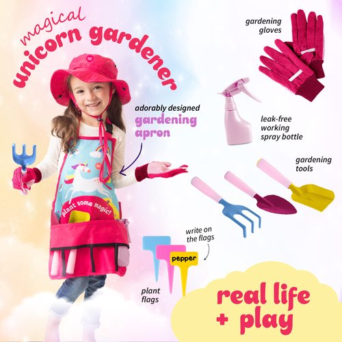 Born Toys Unicorn Kids Gardening Set for Kids Ages 3 & Up, Toddler Gardening Set Includes Unicorn Garden Apron, Kids Sun Hat, Toddler Gardening Gloves, Kids Shovel - 11pcs Girls Gardening Kit (Pink)