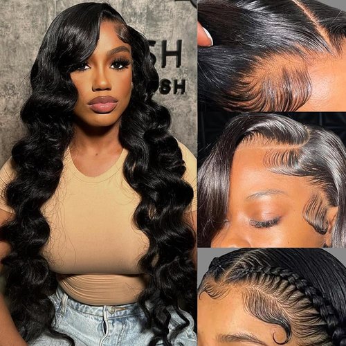 XTERFSTY 13x6 Body Wave Lace Front Wigs Human Hair 180 Density HD Transparent Lace Frontal Body Wave Wigs Pre Plucked Brazilian Virgin Glueless Wig Human Hair For Women 24 Inch Full End
