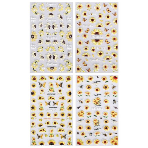 JMEOWIO 3D Embossed Flower Sunflower Nail Art Stickers Decals Self-Adhesive Pegatinas Uñas 5D Floral Daisy Nail Supplies Nail Art Design Spring Summer Decoration Accessories 4 Sheets