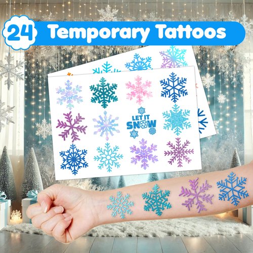 36PCS Snowflake Party Favors 24 Tattoos Sticker 12 Stamp Set - Ideal Winter Themed Birthday Card Decorations Supplies Goodie Bag Cute Rewards for Girls Classroom Gifts Baby Shower Prizes