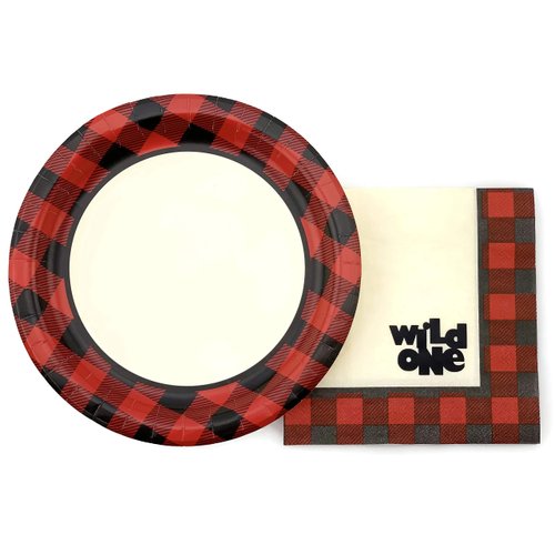 Wild One Plates and Napkins - 16 Set Buffalo Plaid Lumberjack Party Supplies