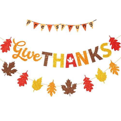Givethanks Banner, Autumn Party Decoration - Glitter Happy Festival Banner with Maple Leaves, Fall Home Decor Set Givethanks Decorations for Fireplace Thanksgiving Party Supplies