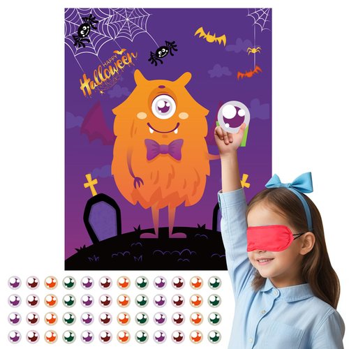 Haunt Couture Halloween Party Game with Rewards - Pin The Eye on The Monster, Reusable Fun for Kids & 36 Players - Includes Mask, Stickers & Prizes - Party Favors and Supplies & Decor