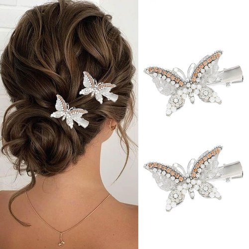 BARTOSI Rhinestone Butterfly Hair Clips Silver Crystal Hair Barrettes Cute Butterfies Hair Pins Pearl Decorative Alligator Hair Accessories for Women and Girls (Pack of 2)