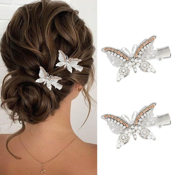 BARTOSI Rhinestone Butterfly Hair Clips Silver Crystal Hair Barrettes Cute Butterfies Hair Pins Pearl Decorative Alligator Hair Accessories for Women and Girls (Pack of 2)