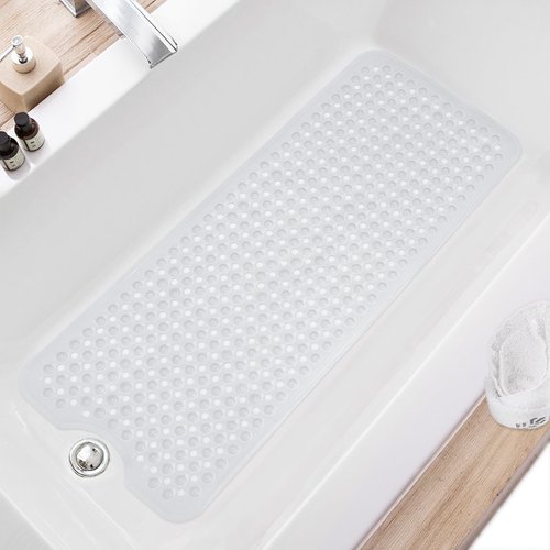 TEESHLY Bath Tub and Shower Mats, Non-Slip 40 x 16 Inch Extra Long Bath Mat, Machine Washable Bathtub Mat with Drain Holes, Suction Cups for Bathroom, Clear