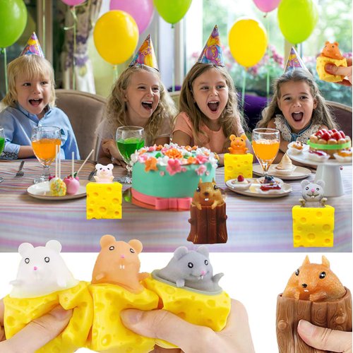 Animal Squishes Toys with Cheese Cup Squirrel Cup Fidget Toys for Adults Anxiety Birthday Party Favors Squishies Cute Mice Squeeze Toys for Kids Cheese 4PCS