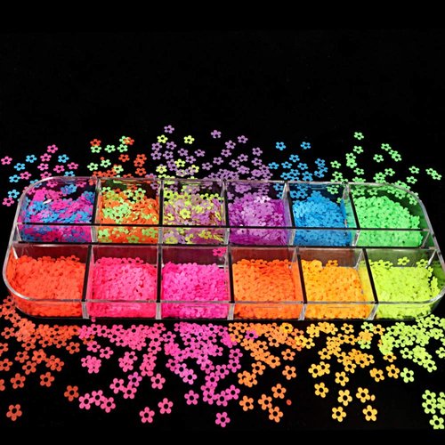 Nail Art Decals 12 Colors Fluorescent Flower Style Nail Glitter Sequins 3D Nails Art Stickers Manicure Fluorescent Flower Sequins Decoration Decals Supplies, Nail Art Flake Acrylic for Women