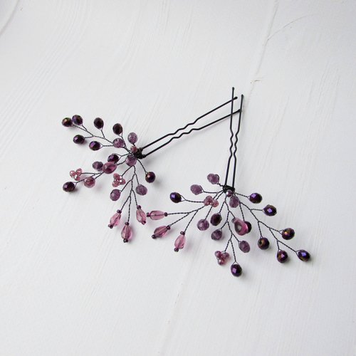 Kercisbeauty Purple Beaded Hair Pins for Wedding Bride Bridesmaid Bridal Violet Hair Piece Dancing Prom Accessory for Teen Girls Women Evening Party Pack of 3