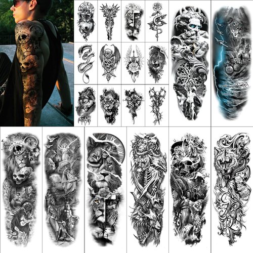 20 Temporary tattoo stickers. There are eight oversized arm tattoos and 12 half-arm tattoos. Suitable for men and women of all ages. Long-lasting fake tattoos have an effect close to the real thing.