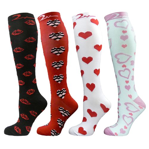 4 Pair Small/Medium Extra Soft Premium Quality Colorful Moderate/Medium Graduated Compression Socks 15-20 mmHg. Nurses, Running, Travel, Knee-High, Mens & Womens Comfort Blend. Fun Romantic Designs
