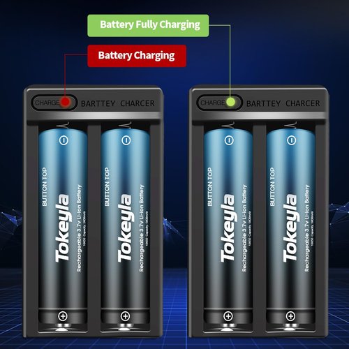 Tokeyla 2 Bay 18650 Rechargeable Battery Charger, 2 Slot Smart Charger for 3.7Volt Rechargeable Battery Headlamps Flashlights (4Pcs Ba￵￵tt￵er￵￵y+Charger)