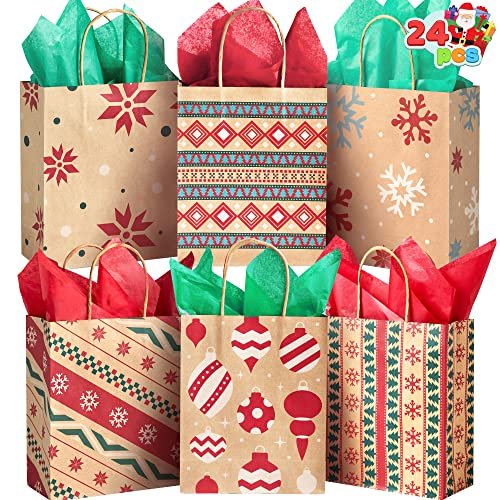 JOYIN 24 Christmas Kraft Gift Bags for Holiday Paper Gift Bags, Christmas Goody Bags, Xmas Gift Bags, Classrooms and Party Favors (9 x 7.3 x 3.3)