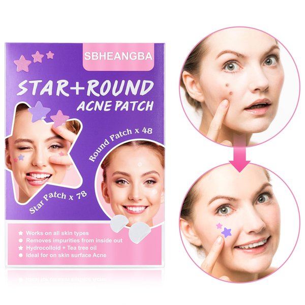 SBHEANGBA Pimple Patches for Face (126 Count), Acne Patches for Face, Star+Round Pimple Patch with Tea Tree Oil，Hydrocolloid Acne Patches Acne Patch Zit Patches for Face