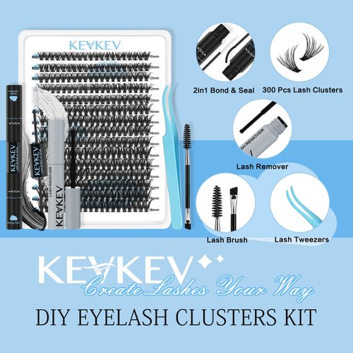 KevKev Lash Extension Kit 300Pcs Lash Clusters Kit DIY Eyelash Extension Kit with Lash Bond and Seal Eyelash Remover Lash Applicator Wispy Lashes Look Like Extensions(40D, D-10-18mix)