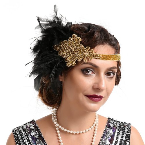 Bubbmi 1920s Flapper Headband Peacock Feather Headpiece, Great Gatsby Headband Costume Accessories for Women Showgirl Parties (BQ017black-gold)