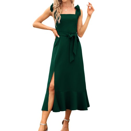 Women's Elegant Bridesmaid Dresses - Square Neck Ruffle Split Midi Formal Dress for Wedding Guest Cocktail Evening Party
