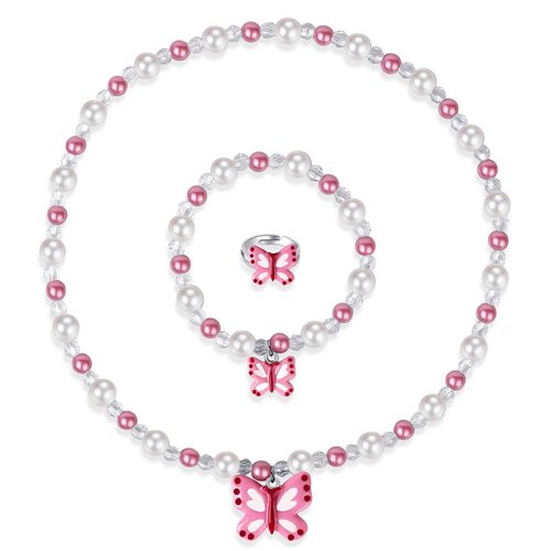 Msnailfly Butterfly Stretch Necklace Little Girl Toddler Necklace Bracelet Set, Little Princess Jewelry Kids Play Necklaces Butterfly Rings for Kids (B)