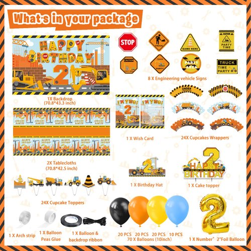 Mpanwen Construction Birthday Party Supplies for 2 Year Old Boy, 139 Pcs Dump Truck Party Decorations for Boys Baby - Backdrop, Balloons, Cupcakes Wrappers, Traffic Signs, Tablecloth, Crown and Poster